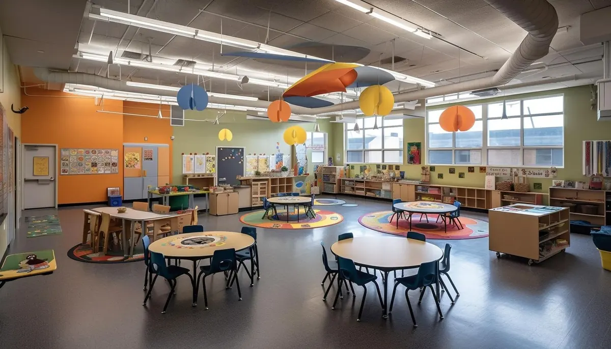 A bright Montessori classroom with round tables, small chairs and colourful hanging mobiles
